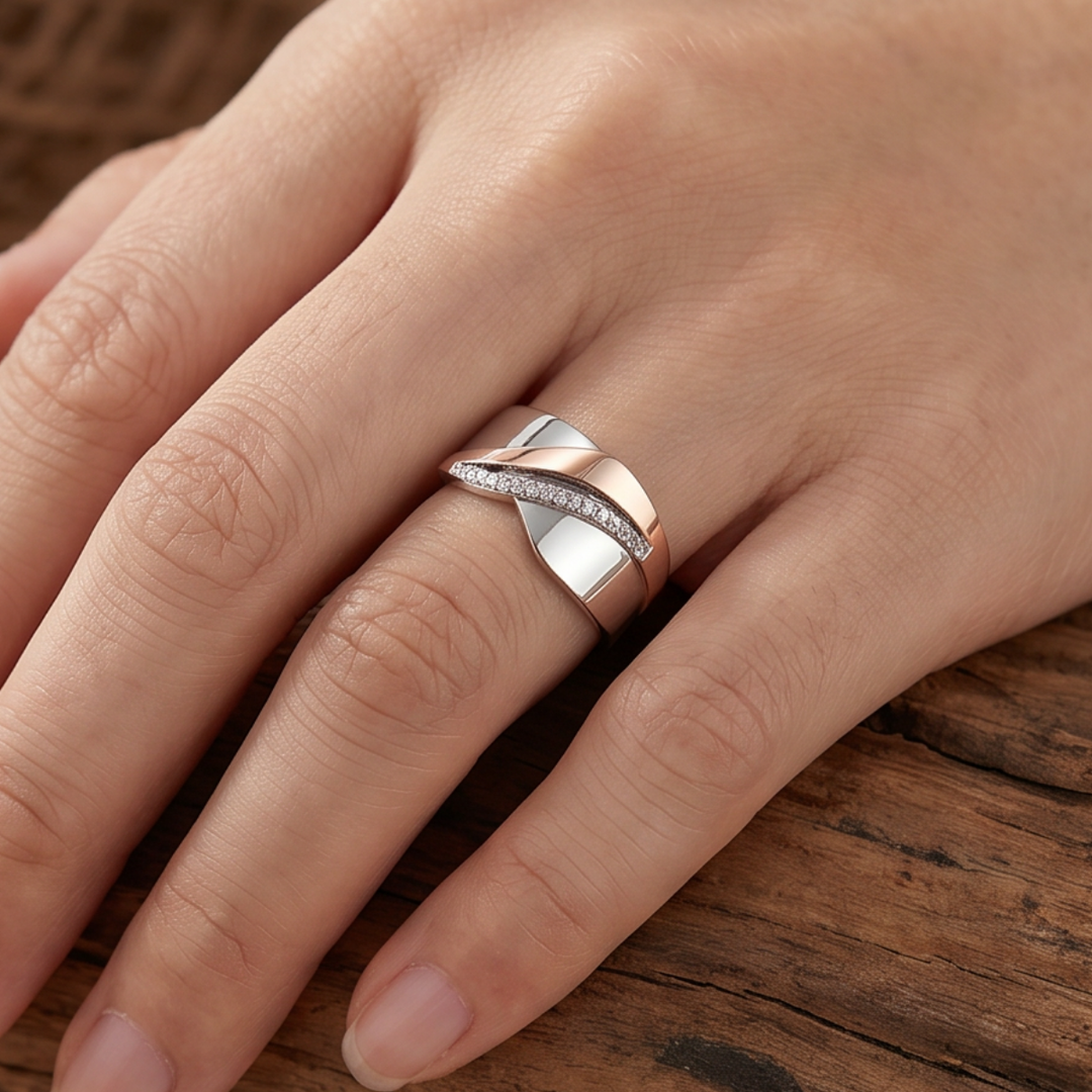 Antique-Inspired Rose Gold and Silver Ring Adorned with Zirconia