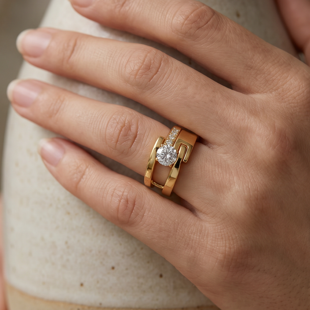Retro Golden Asymmetrical Zirconia Ring