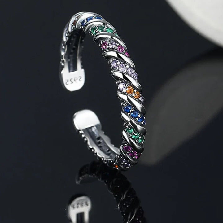 Retro Striped Silver Ring with Vintage Hues