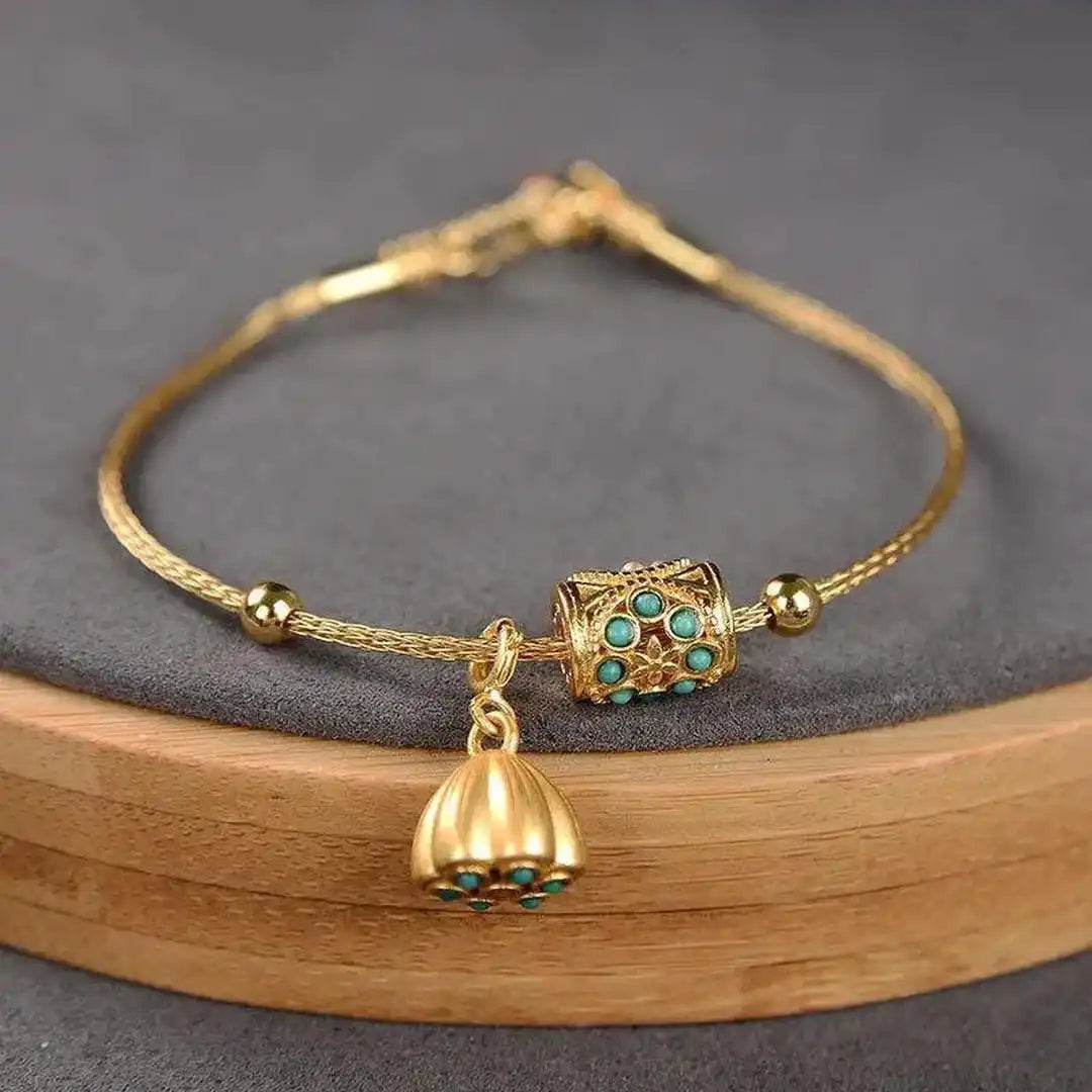 Vintage Gold Turquoise Lotus Cuff Bracelet