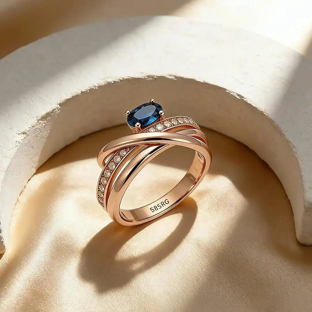 Antique Rose Gold Cross Ring with Blue Cubic Zirconia