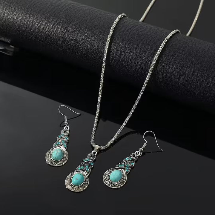 Retro Turquoise Pendant Necklace and Earring Set