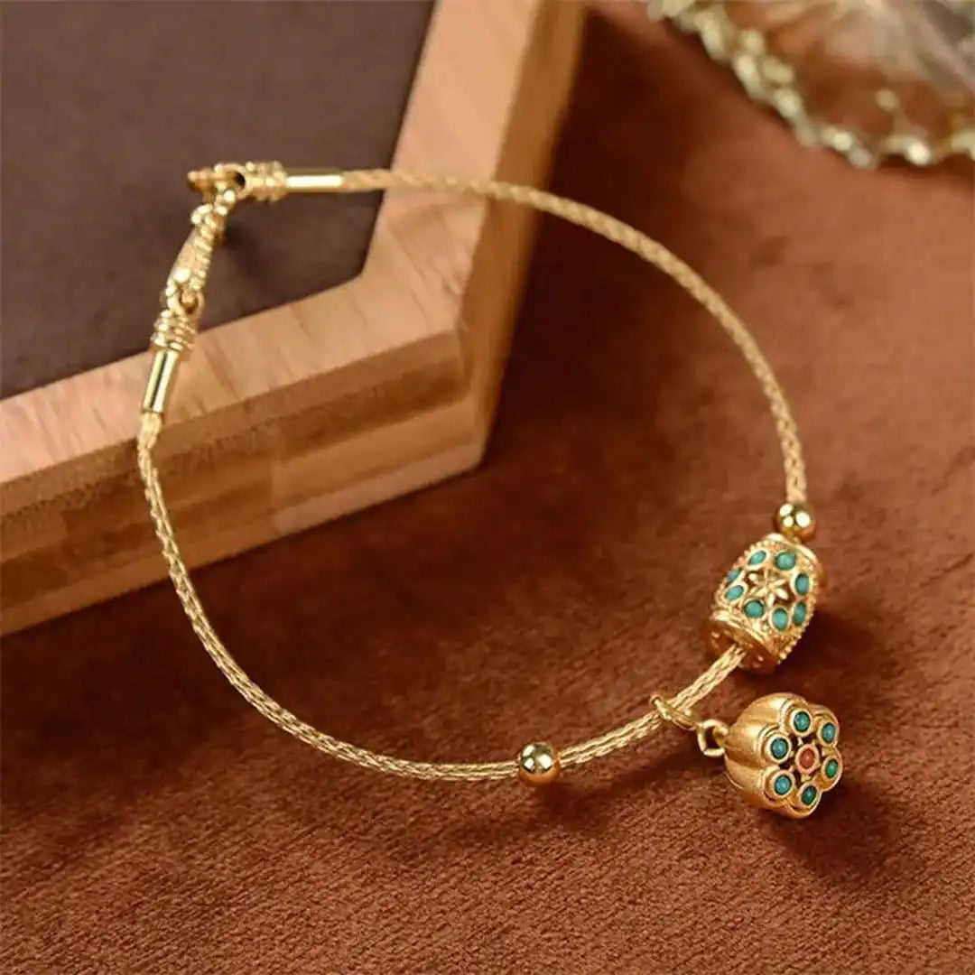 Vintage Gold Turquoise Lotus Cuff Bracelet