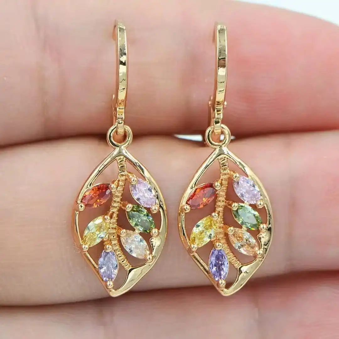 Retro Colorful Earrings with Gold Leaf Design