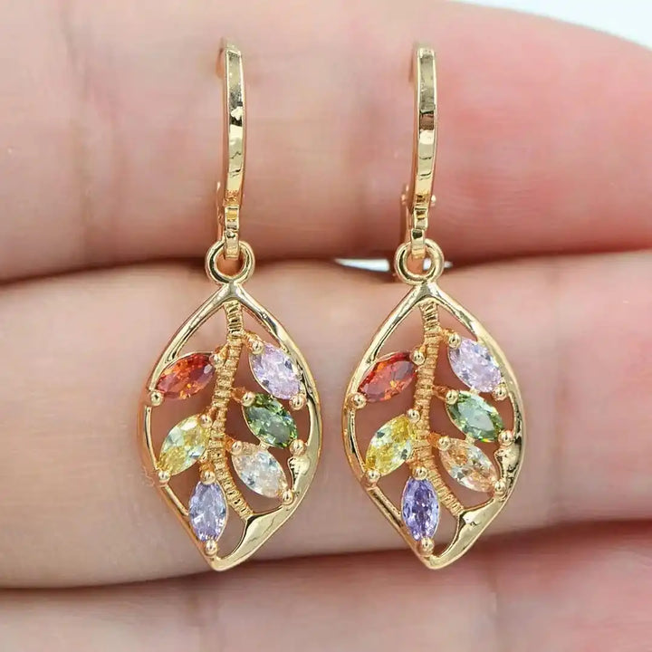 Retro Colorful Earrings with Gold Leaf Design