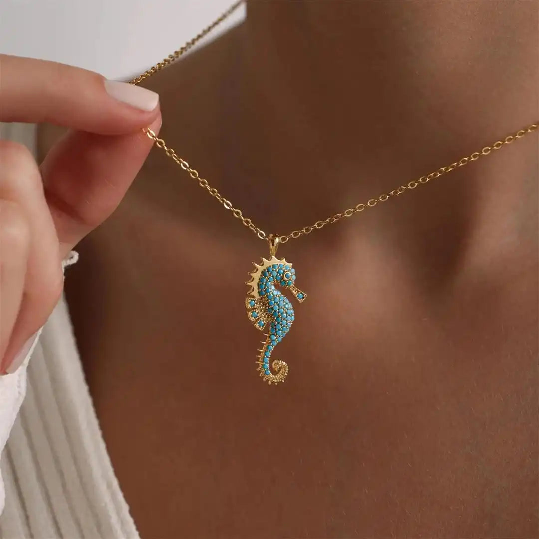 Turquoise Pendant Necklace with Gold Seahorse Charm