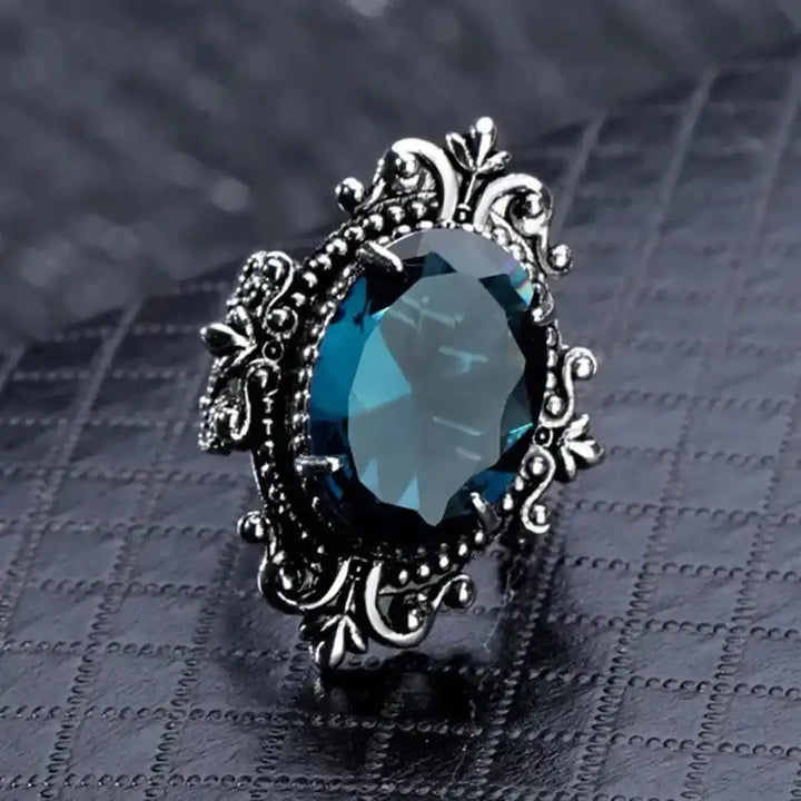 Antique Silver Oval Blue Zircon Ring