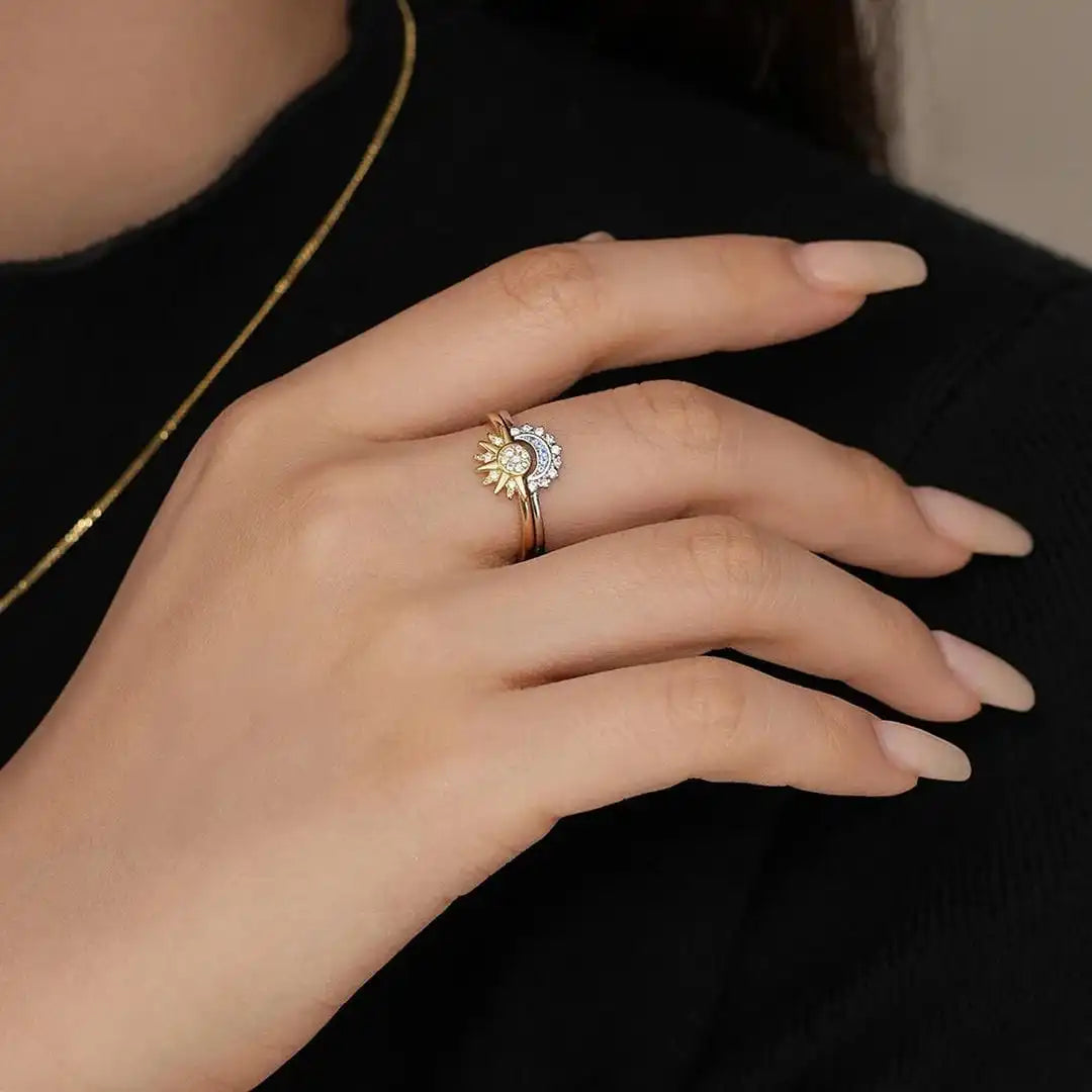 Eternal Silver Zirconia Sun and Moon Ring Duo