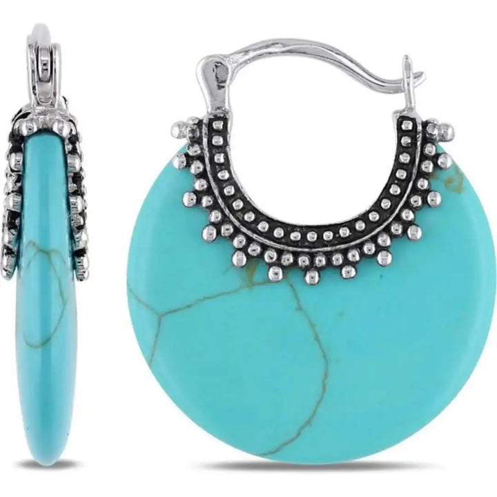 Turquoise Stone Hoop Earrings in Silver