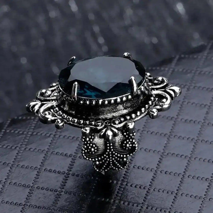 Antique Silver Oval Blue Zircon Ring