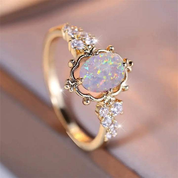 Oval Flower Ring with White Fire Opal Stone