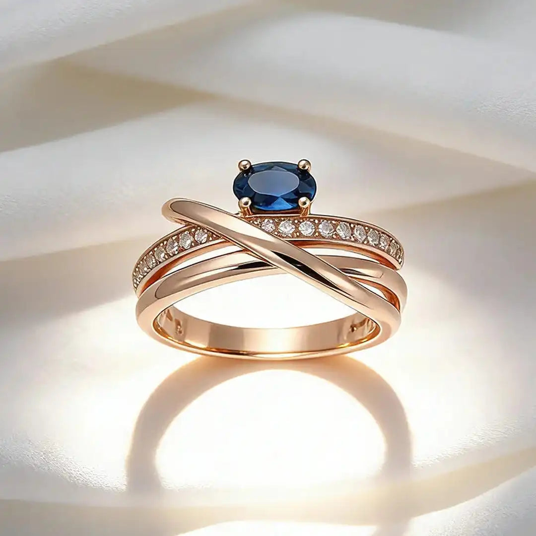 Antique Rose Gold Cross Ring with Blue Cubic Zirconia