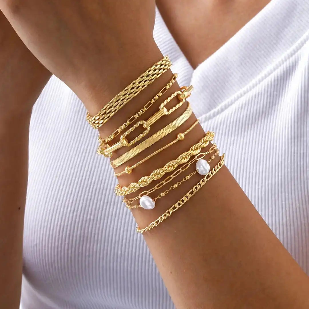 Layered Golden Pearl Bracelet Set