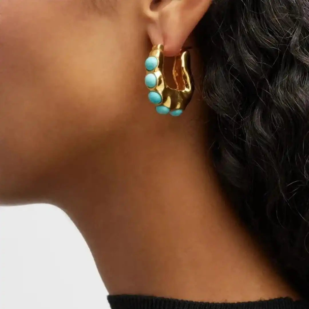Striking Turquoise Stone Carved Hoop Earrings
