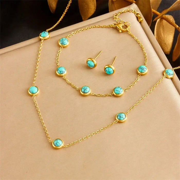 Bohemian Silver Jewelry Set with Turquoise Necklace, Earrings, and Bracelet
