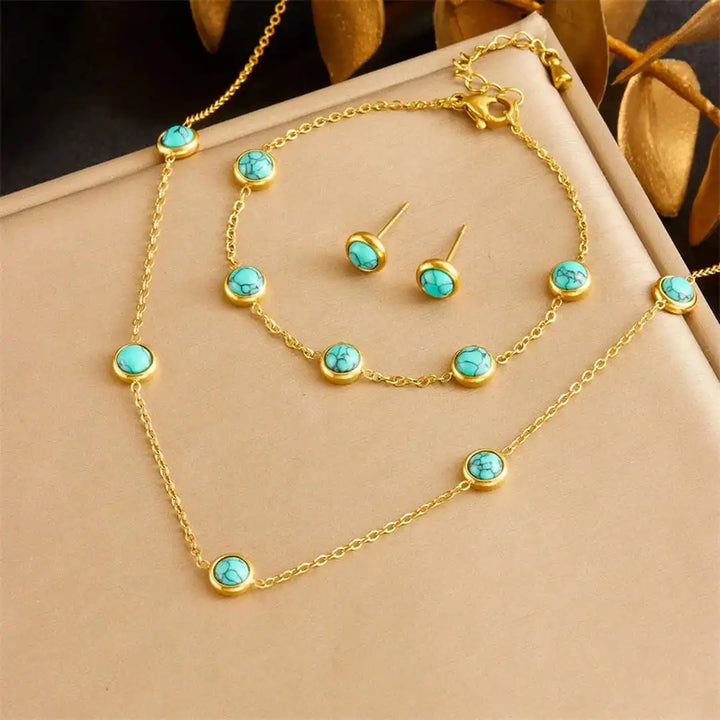 Bohemian Silver Jewelry Set with Turquoise Necklace, Earrings, and Bracelet