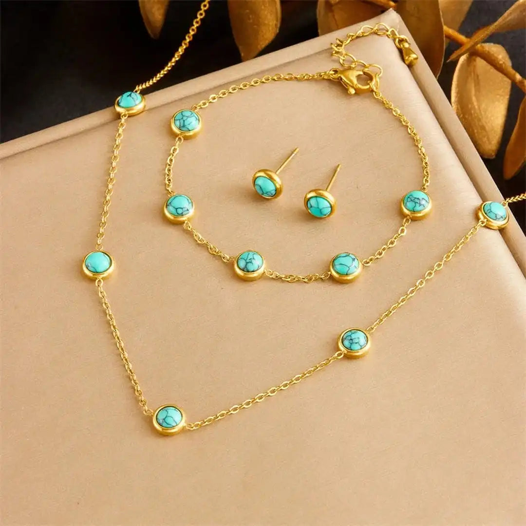 Bohemian-Style Silver Jewelry Collection Featuring Turquoise Necklace, Earrings, and Bracelet