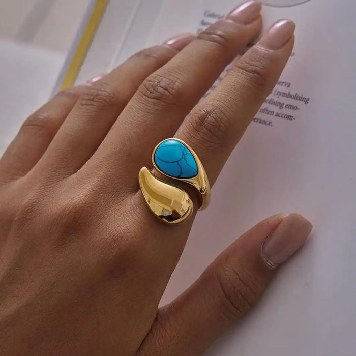 Adjustable Turquoise Tear Drop Ring in Gold