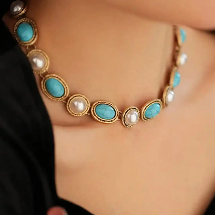 Turquoise and Pearl Vintage Gold Statement Jewelry Set