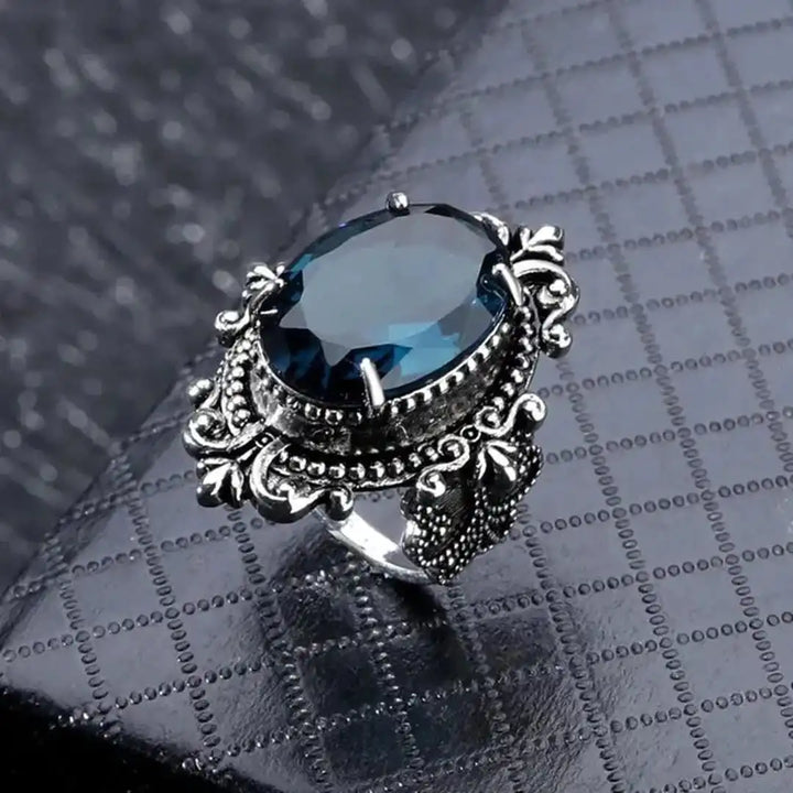 Antique Silver Oval Blue Zircon Ring