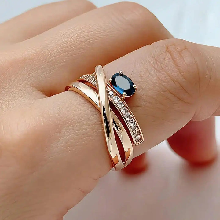 Antique Rose Gold Cross Ring with Blue Cubic Zirconia