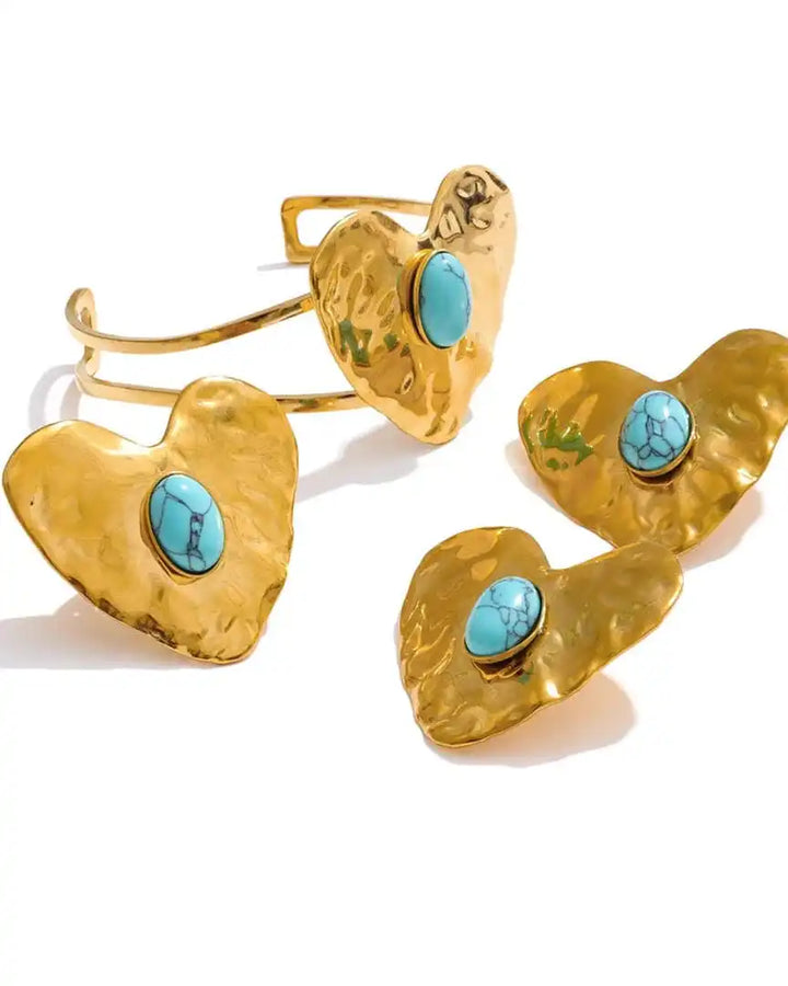 Retro Gold Inlaid Turquoise Heart Jewelry Set: Earrings, Ring & Bracelet