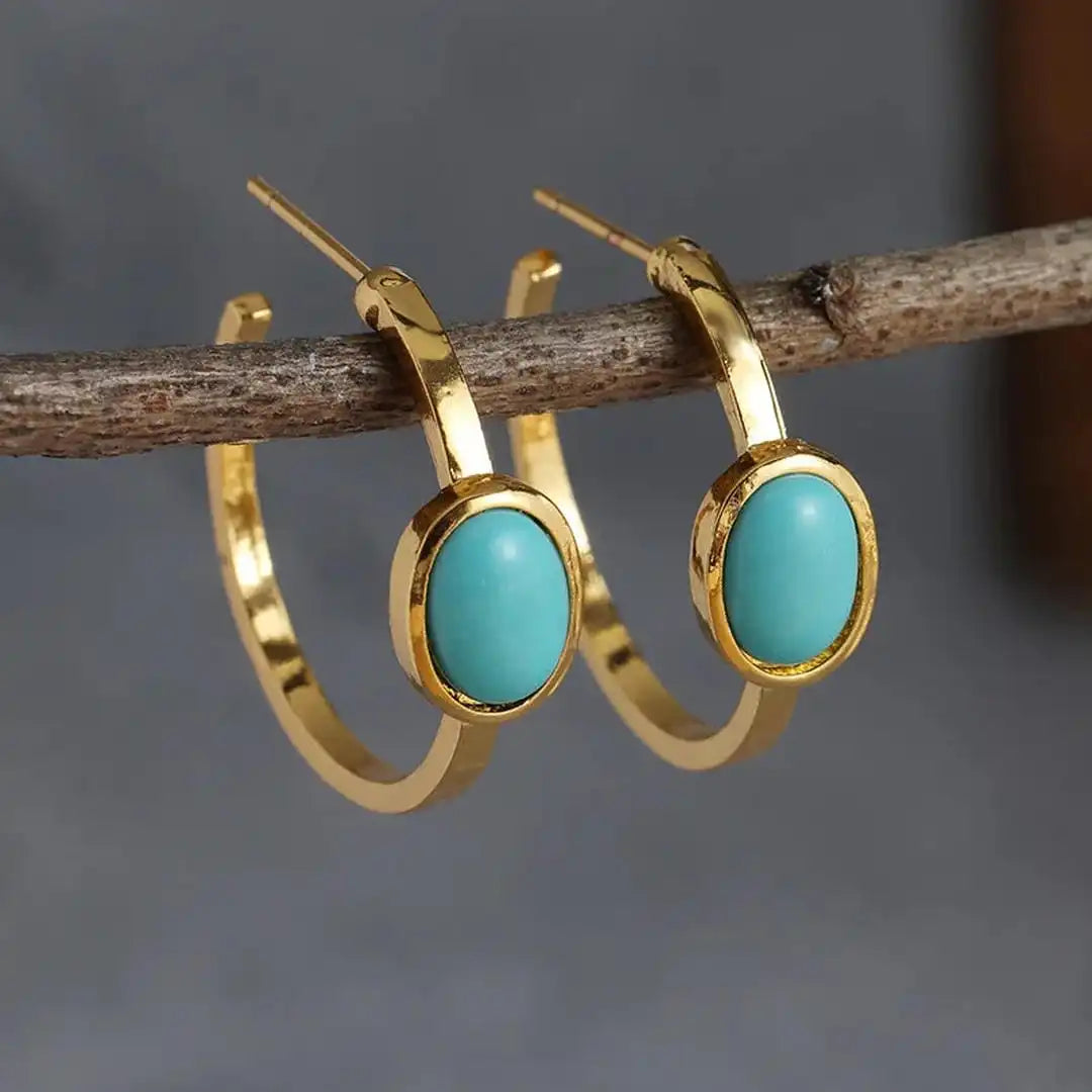 Turquoise and Gold Oval Hoop Earrings