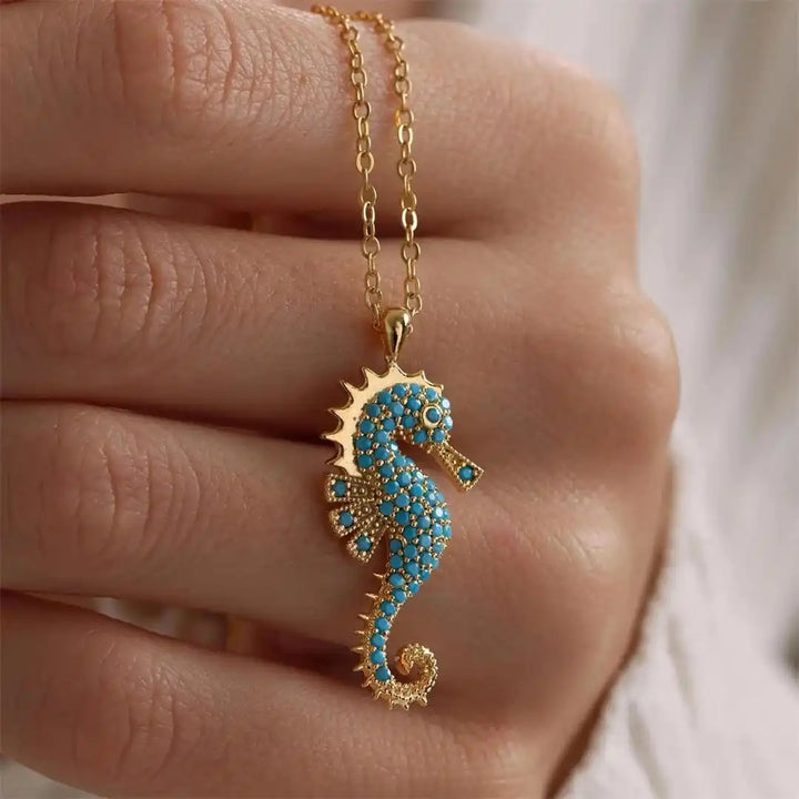 Turquoise Pendant Necklace with Gold Seahorse Charm