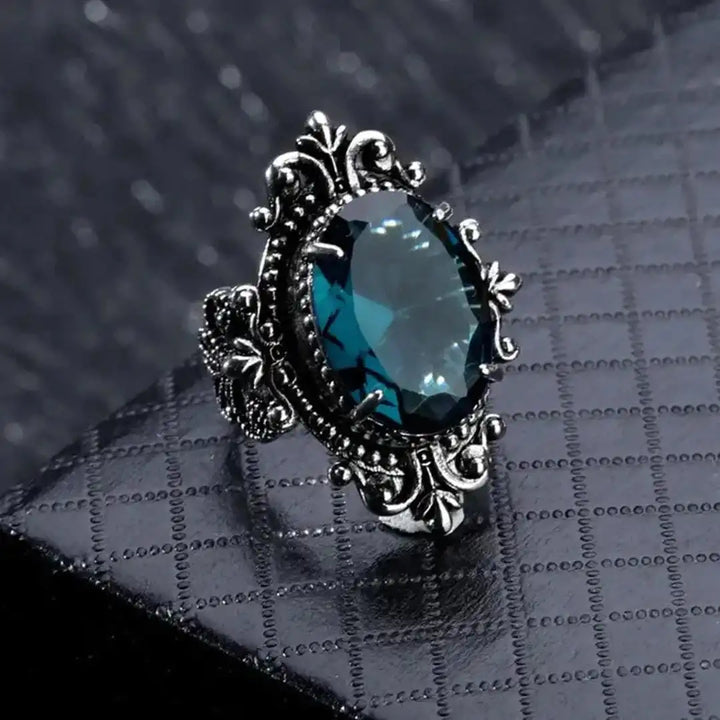 Antique Silver Oval Blue Zircon Ring