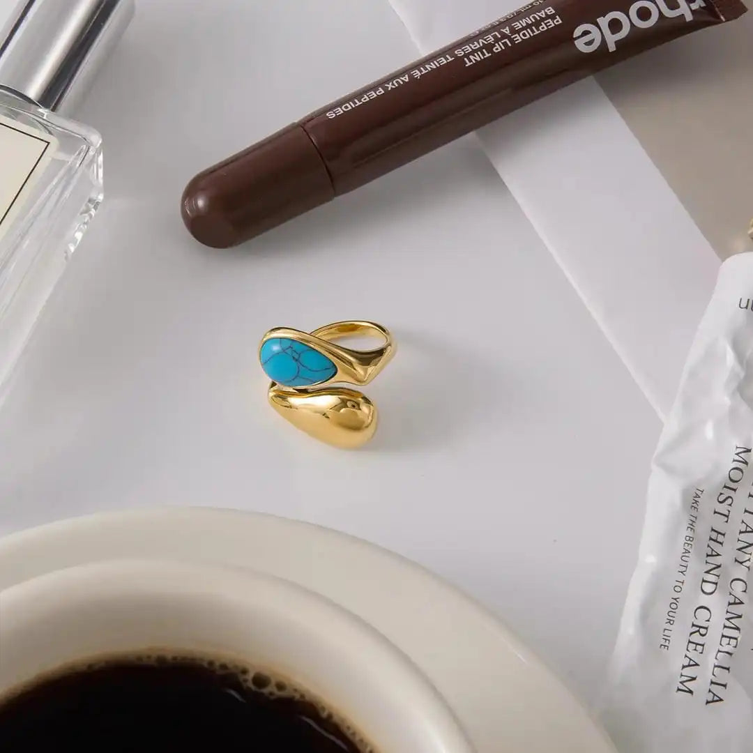 Adjustable Turquoise Tear Drop Ring in Gold