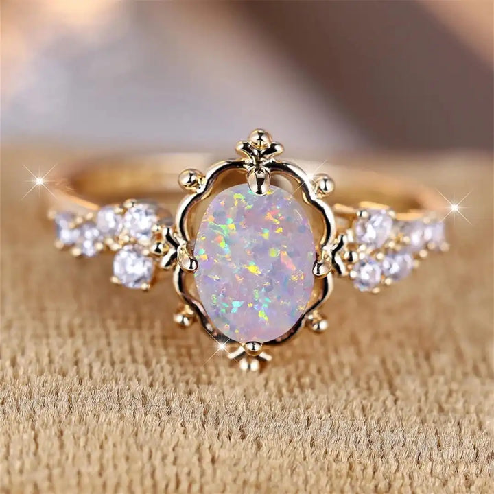 Oval Flower Ring with White Fire Opal Stone