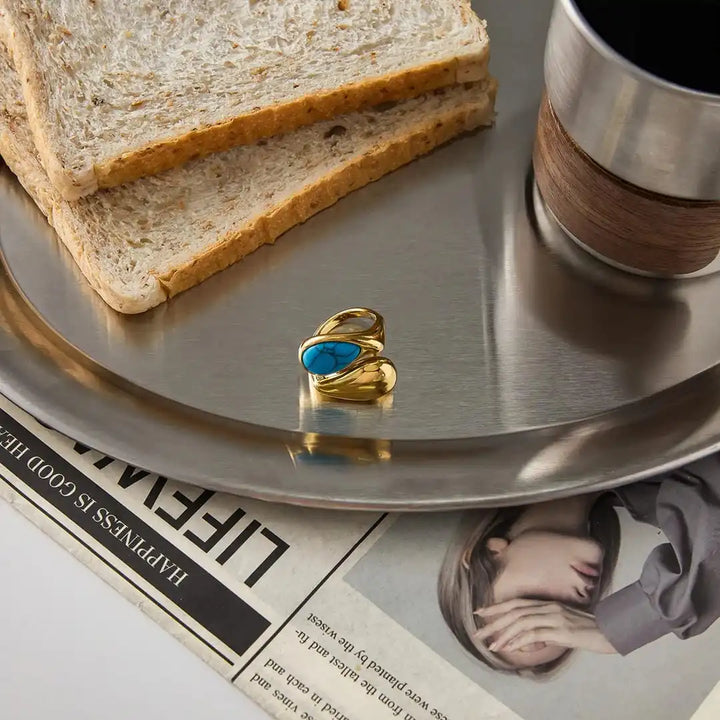 Adjustable Turquoise Tear Drop Ring in Gold