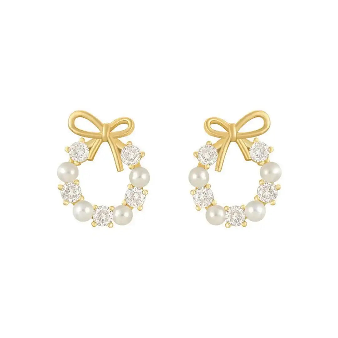 Bow Pearl Round Stud Earrings