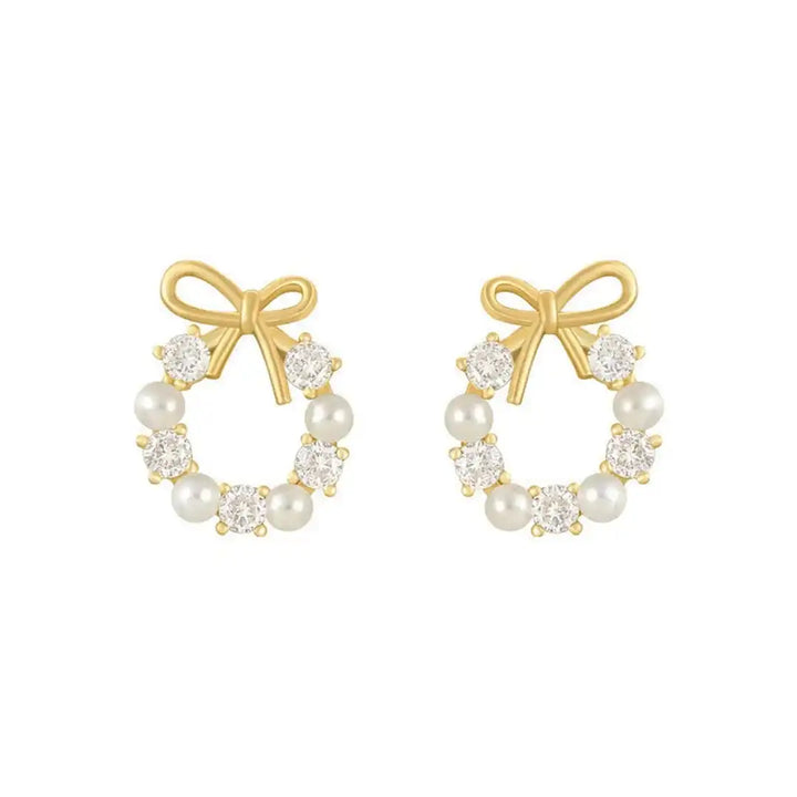 Bow Pearl Round Stud Earrings