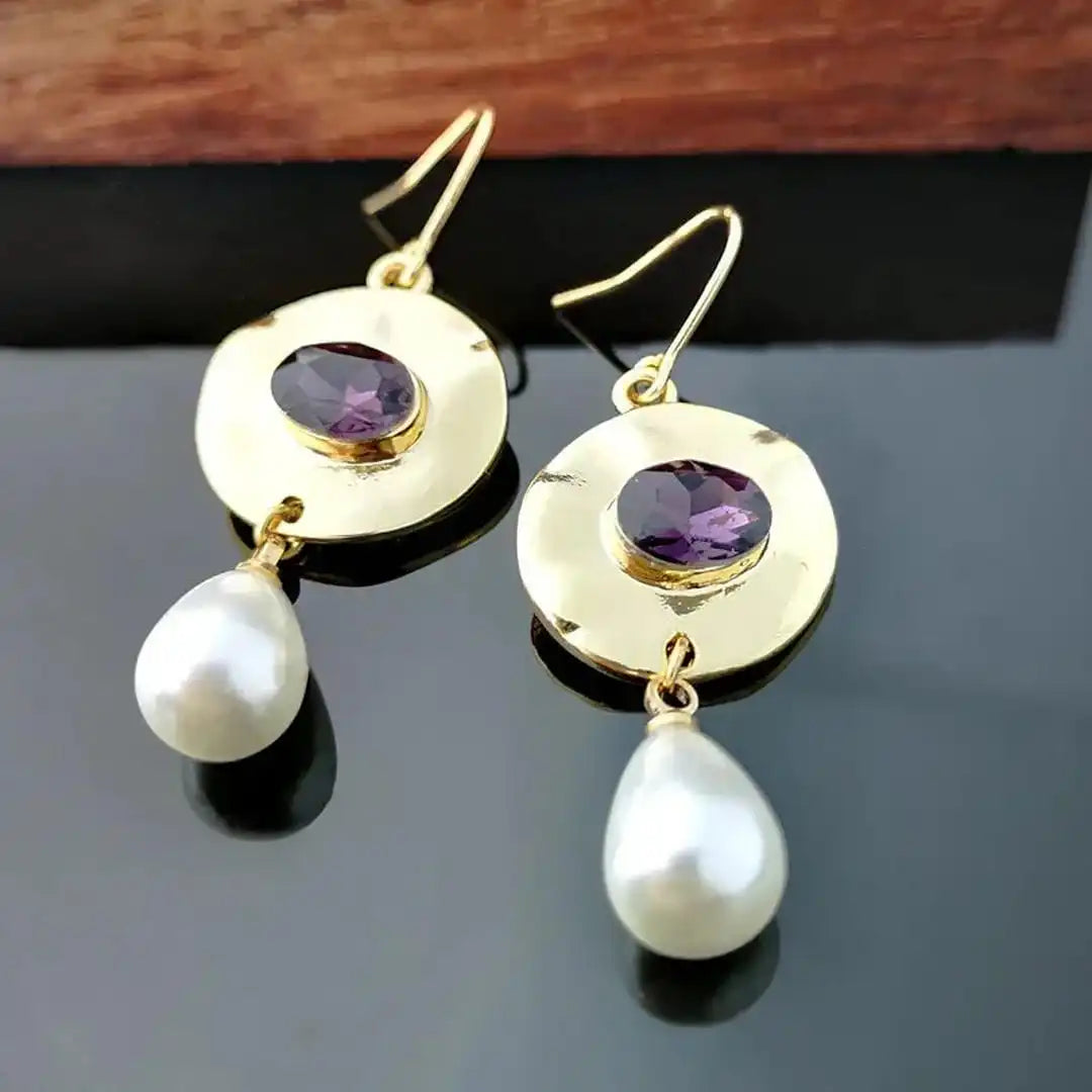 Pearl Earrings Adorned with Purple Zirconia Gems