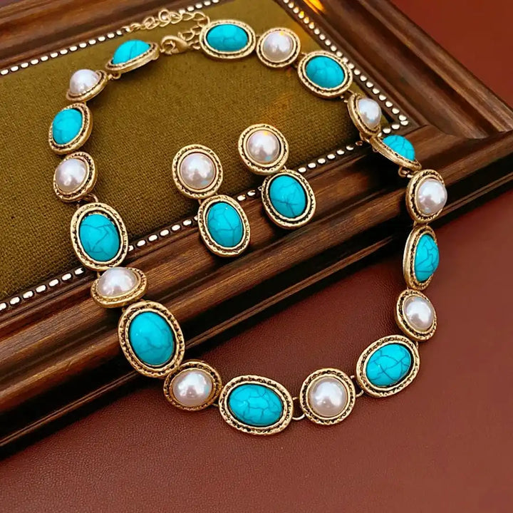 Turquoise and Pearl Vintage Gold Statement Jewelry Set