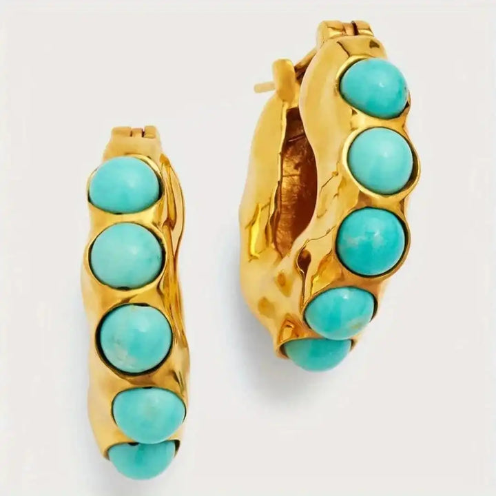 Striking Turquoise Stone Carved Hoop Earrings