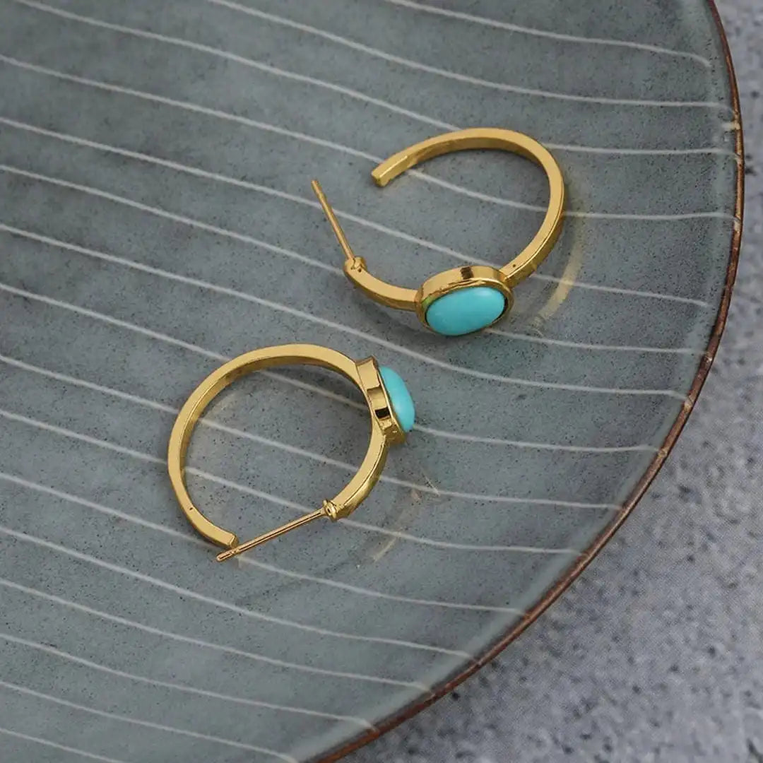 Turquoise and Gold Oval Hoop Earrings