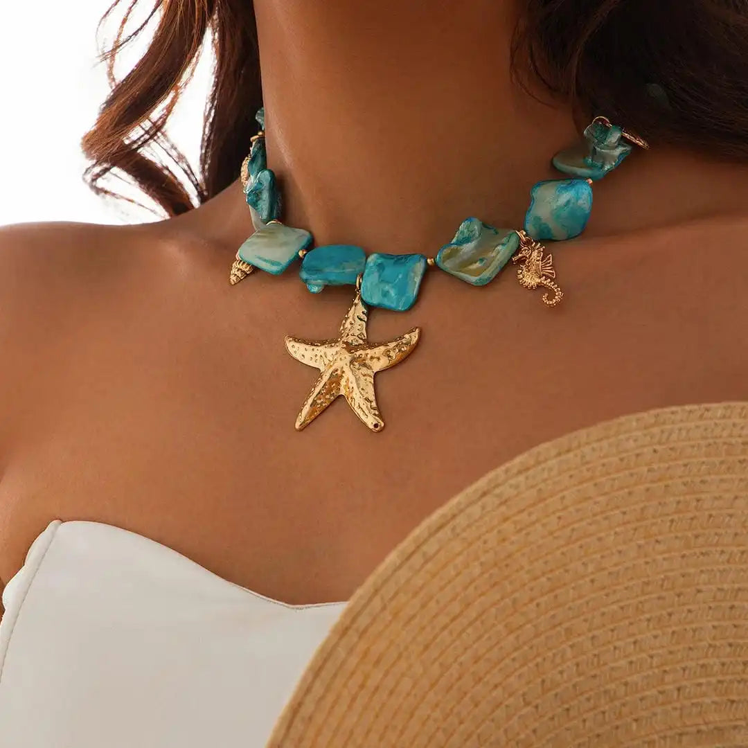 Bohemian Sea Star Pendant Necklace with Stone Accents