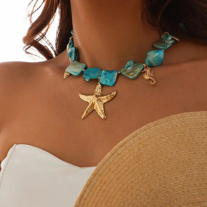 Bohemian Sea Star Pendant Necklace with Stone Accents