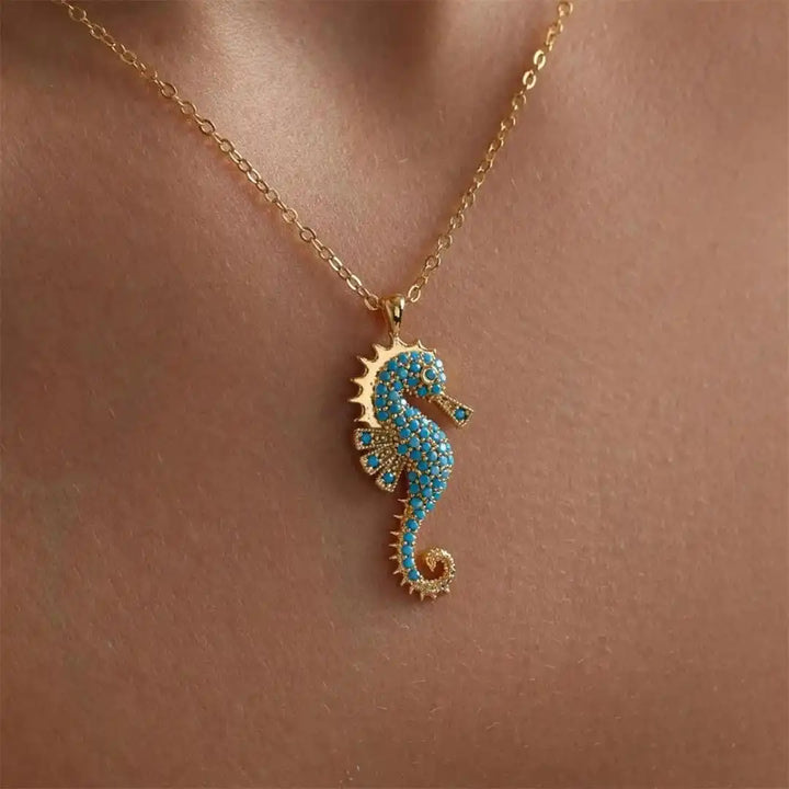 Turquoise Pendant Necklace with Gold Seahorse Charm