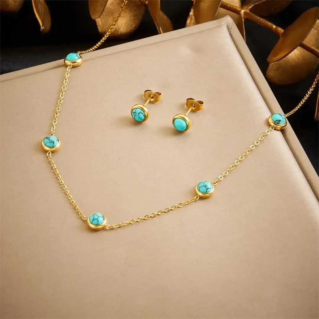 Bohemian-Inspired Silver Jewelry Set with Turquoise Necklace, Earrings, and Bracelet