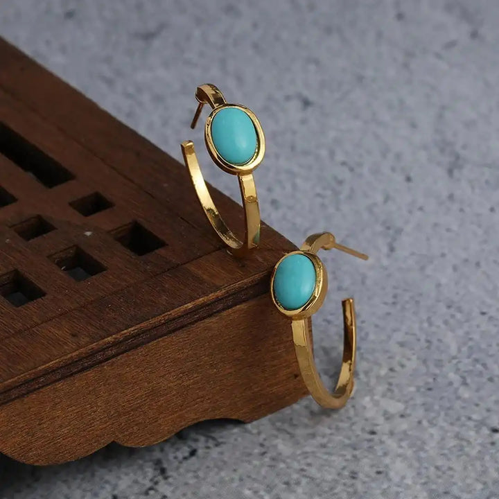 Turquoise and Gold Oval Hoop Earrings