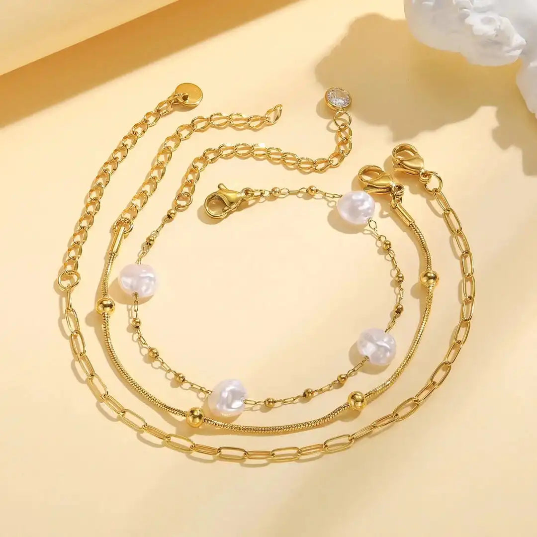 Layered Golden Pearl Bracelet Set