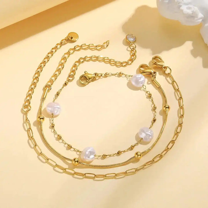 Layered Golden Pearl Bracelet Set