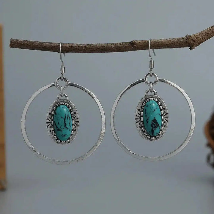 Antique Silver Turquoise Inlay Drop Earrings