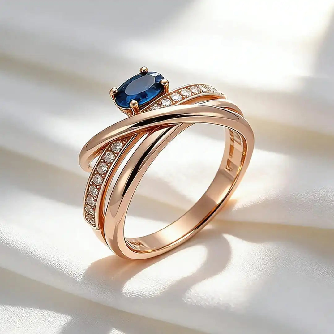 Antique Rose Gold Cross Ring with Blue Cubic Zirconia