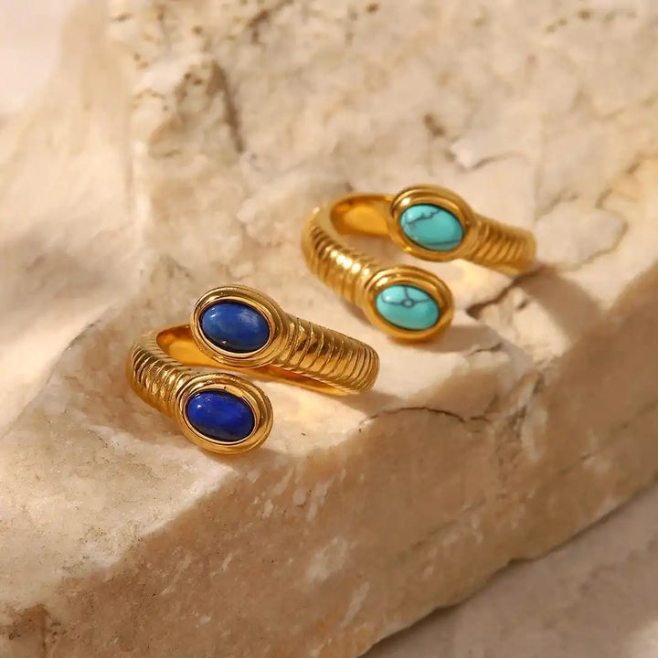 Bohemian Adjustable Ring with Gold, Lapis Lazuli, and Turquoise