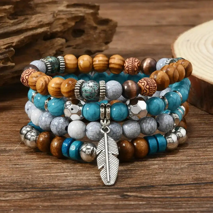 Turquoise Bead and Feather Bohemian Bracelet