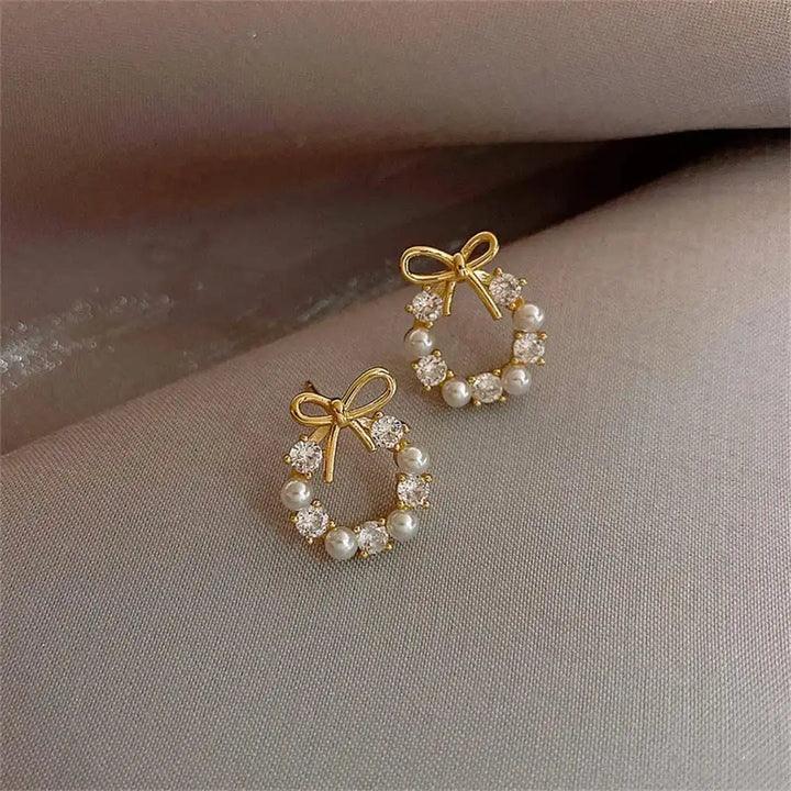 Bow Pearl Round Stud Earrings